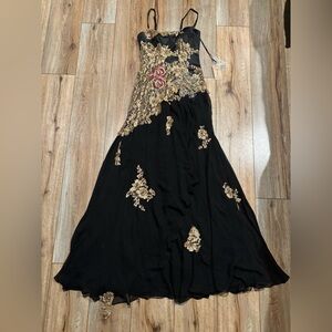 NWT Vintage Y2K Mandalay Floral Black Dress with Gold Accents, Sequins, Beads